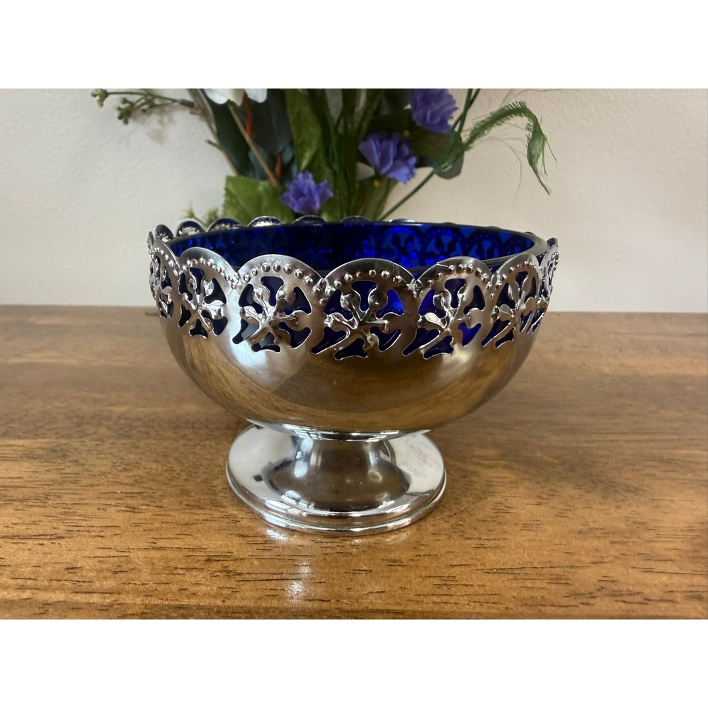 Vintage Cobalt Blue Glass Pedestal Bowl Silver Plate Celtic Pierced Edge England
